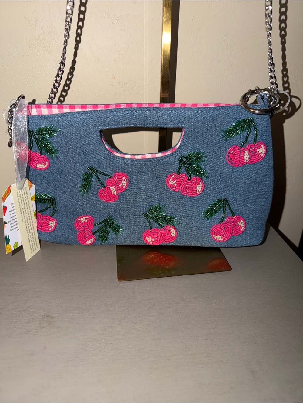 Hand Crafted Denim Clutch with Pink Cherry Embroidery